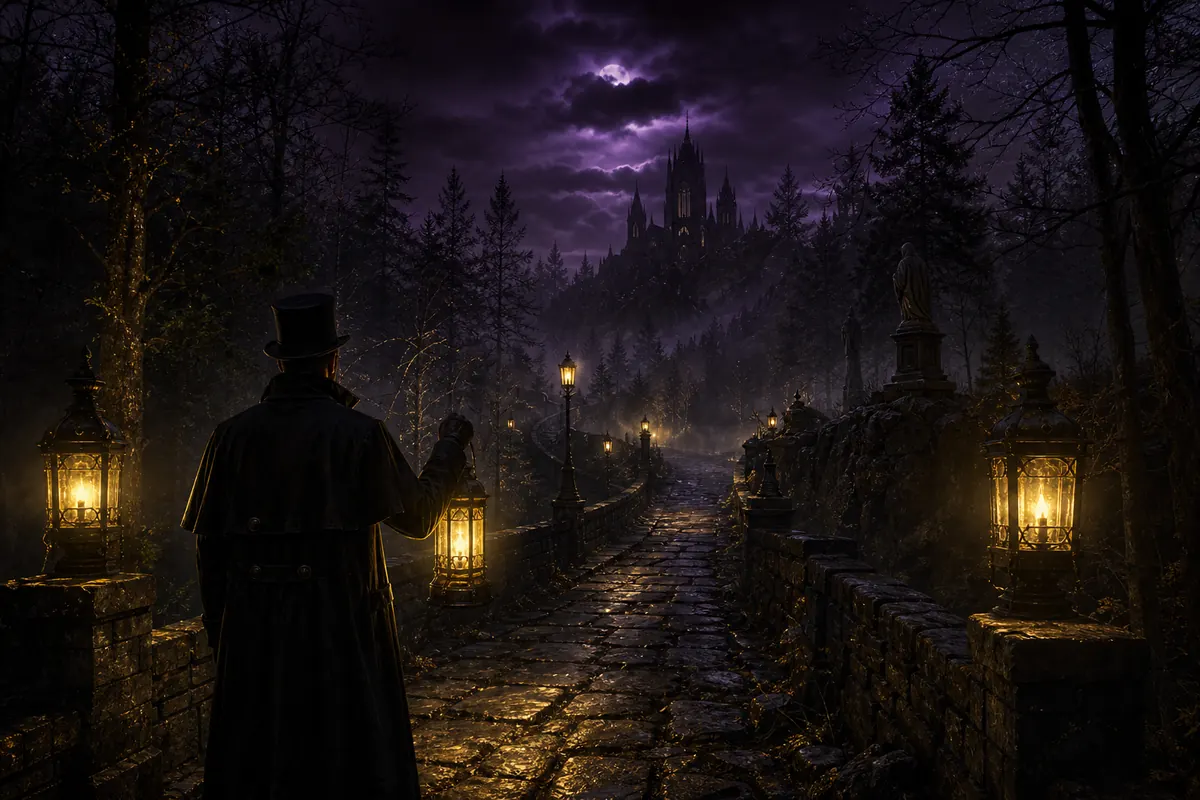 Lantern path through mist